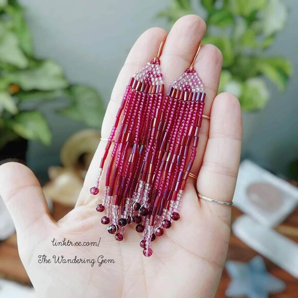 Beaded Fringe Cascade Shoulder Duster Dangle Earrings, Boho Chic Plum 4" - Picture 4 of 6